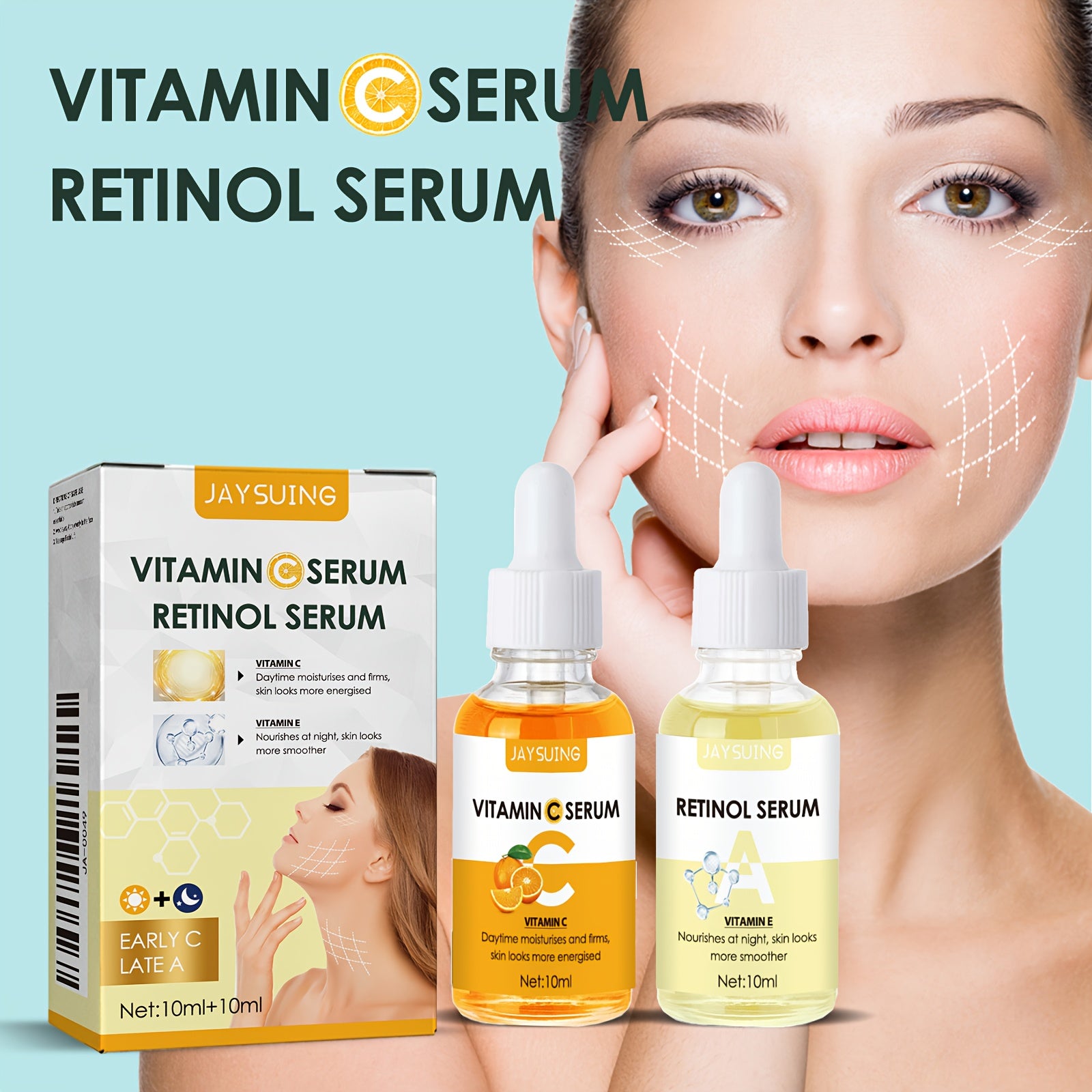 Huin Skincare Morning C & Night A Serum Combo – Brightening, Firming & Hydrating Duo with Retinol, Vitamin E & Hyaluronic Acid | Unisex Skincare for All Skin Tones