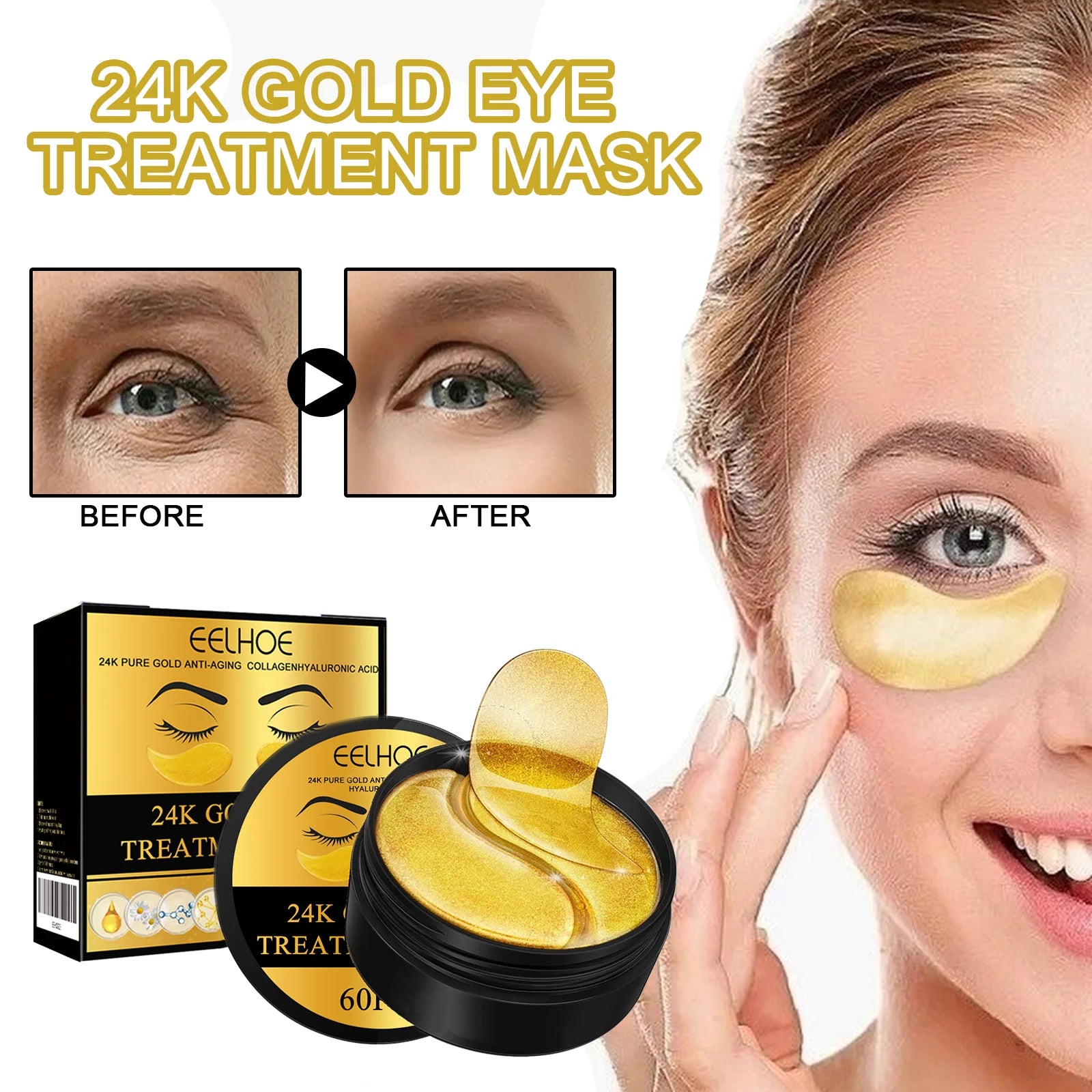 Huin Skincare 24K Gold Under Eye Patches – 60pcs Collagen & Hyaluronic Acid Eye Masks | Hydrating, Brightening & Anti-Aging Treatment