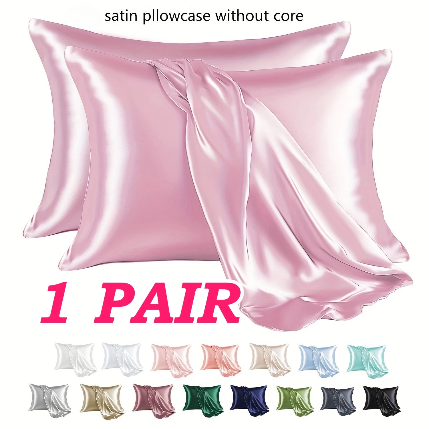 Huin Skincare Satin Pillowcase – 1 Pair, Skin-Friendly & Anti-Allergy | Breathable Polyester Satin with Envelope Closure, Machine Washable