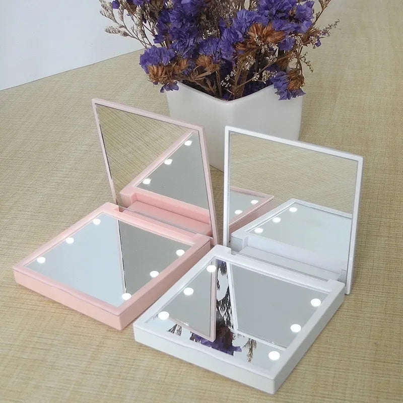 Huin Skincare 6-LED Travel Makeup Mirror – Foldable, Portable & Magnifying Vanity Mirror | Pink, Black or White for Precise Application Anywhere