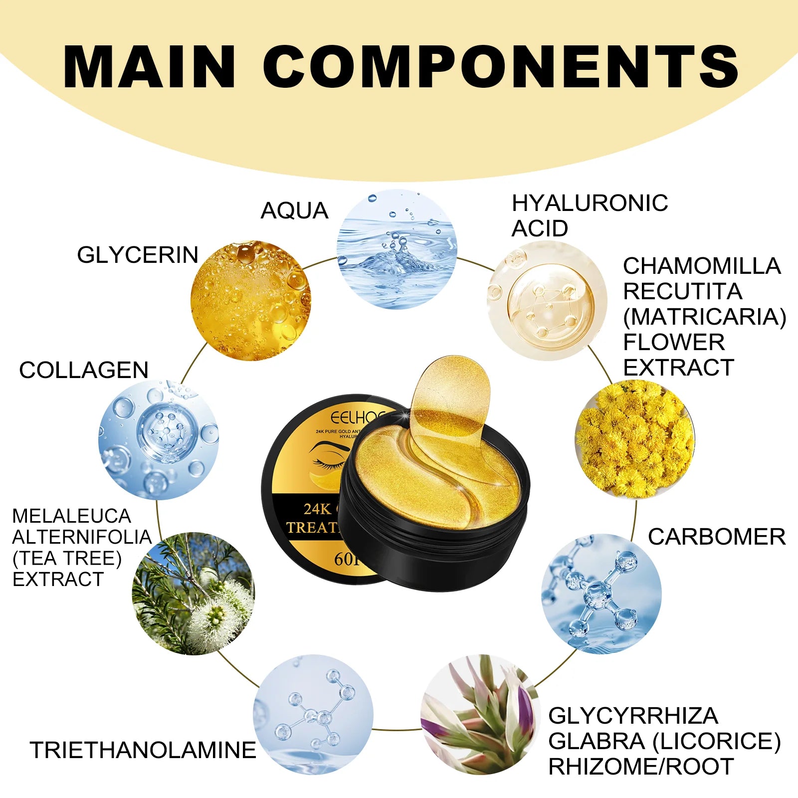 Huin Skincare 24K Gold Under Eye Patches – 60pcs Collagen & Hyaluronic Acid Eye Masks | Hydrating, Brightening & Anti-Aging Treatment