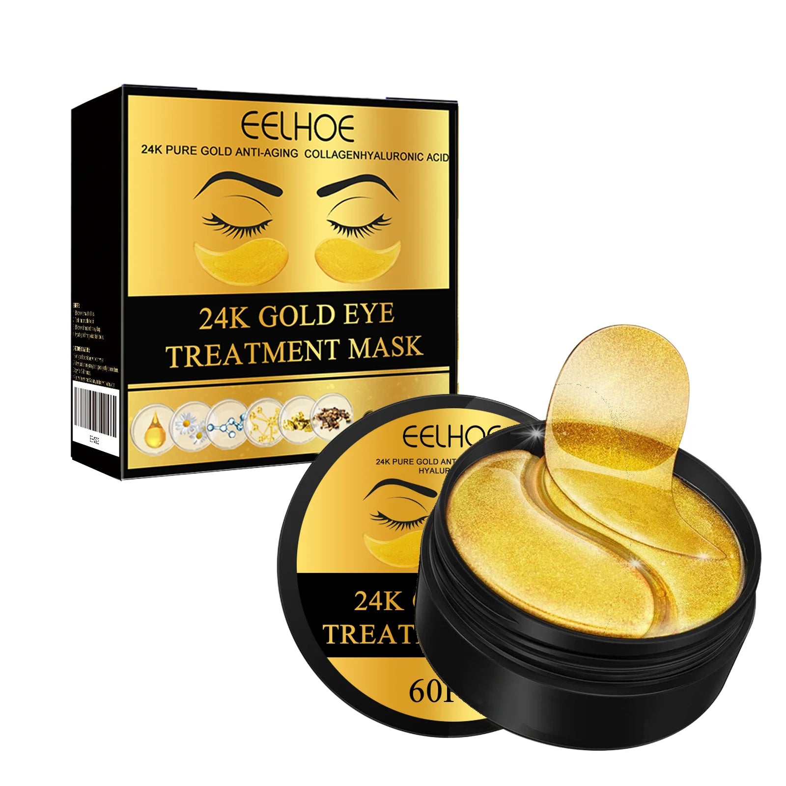 Huin Skincare 24K Gold Under Eye Patches – 60pcs Collagen & Hyaluronic Acid Eye Masks | Hydrating, Brightening & Anti-Aging Treatment