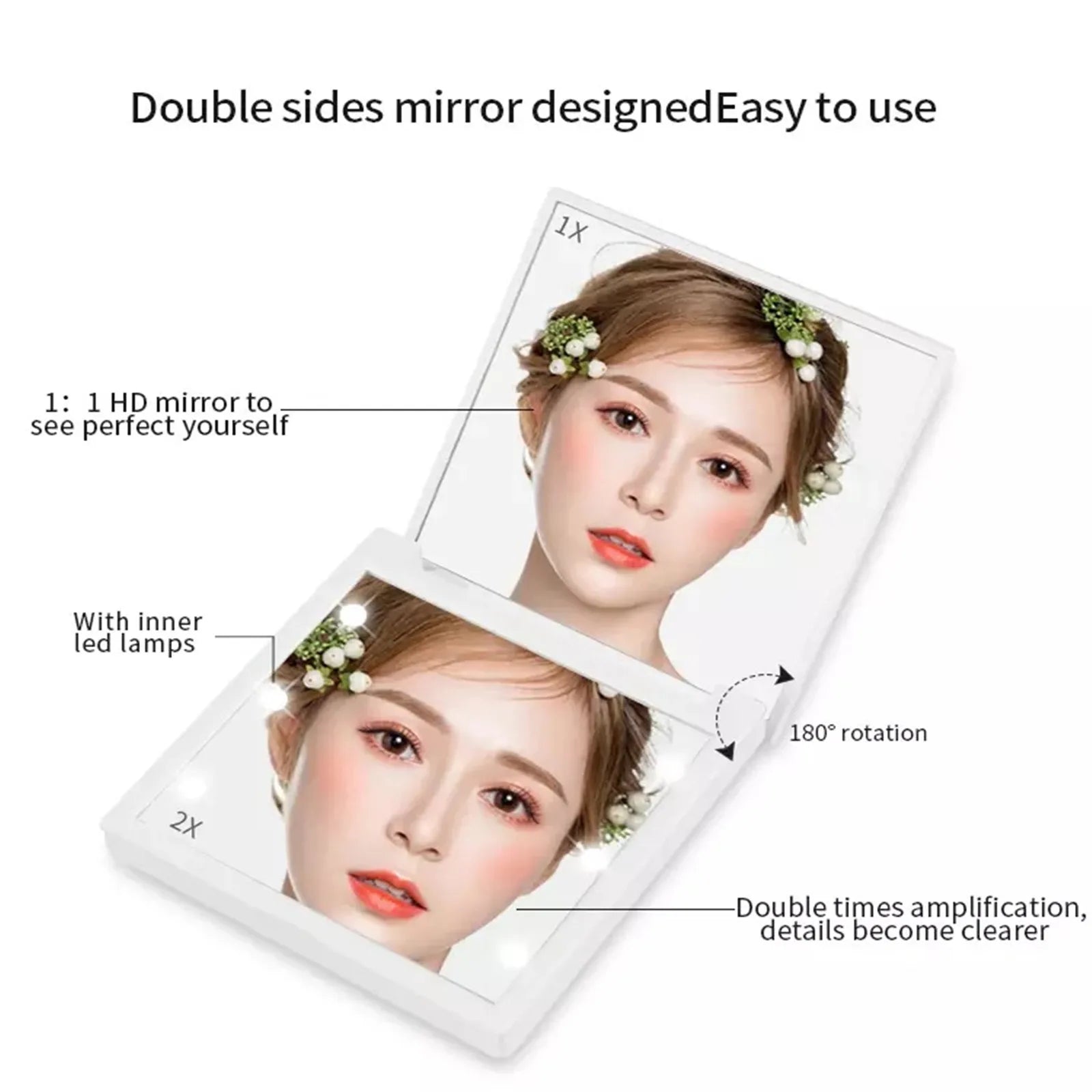 Huin Skincare 6-LED Travel Makeup Mirror – Foldable, Portable & Magnifying Vanity Mirror | Pink, Black or White for Precise Application Anywhere