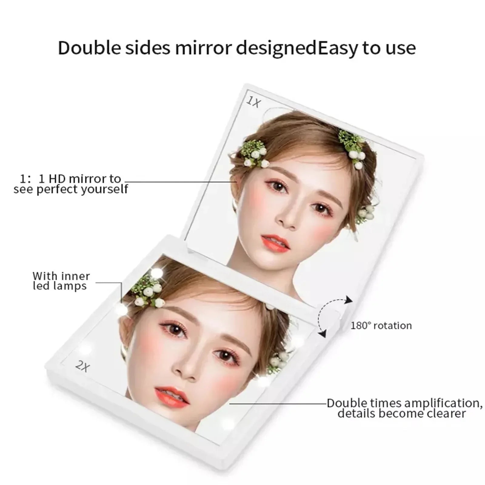 Huin Skincare 6-LED Travel Makeup Mirror – Foldable, Portable & Magnifying Vanity Mirror | Pink, Black or White for Precise Application Anywhere