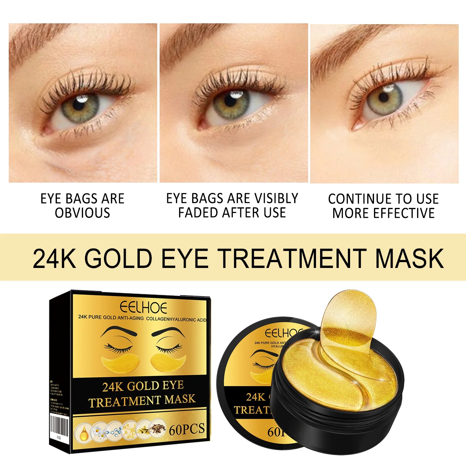 Huin Skincare 24K Gold Under Eye Patches – 60pcs Collagen & Hyaluronic Acid Eye Masks | Hydrating, Brightening & Anti-Aging Treatment